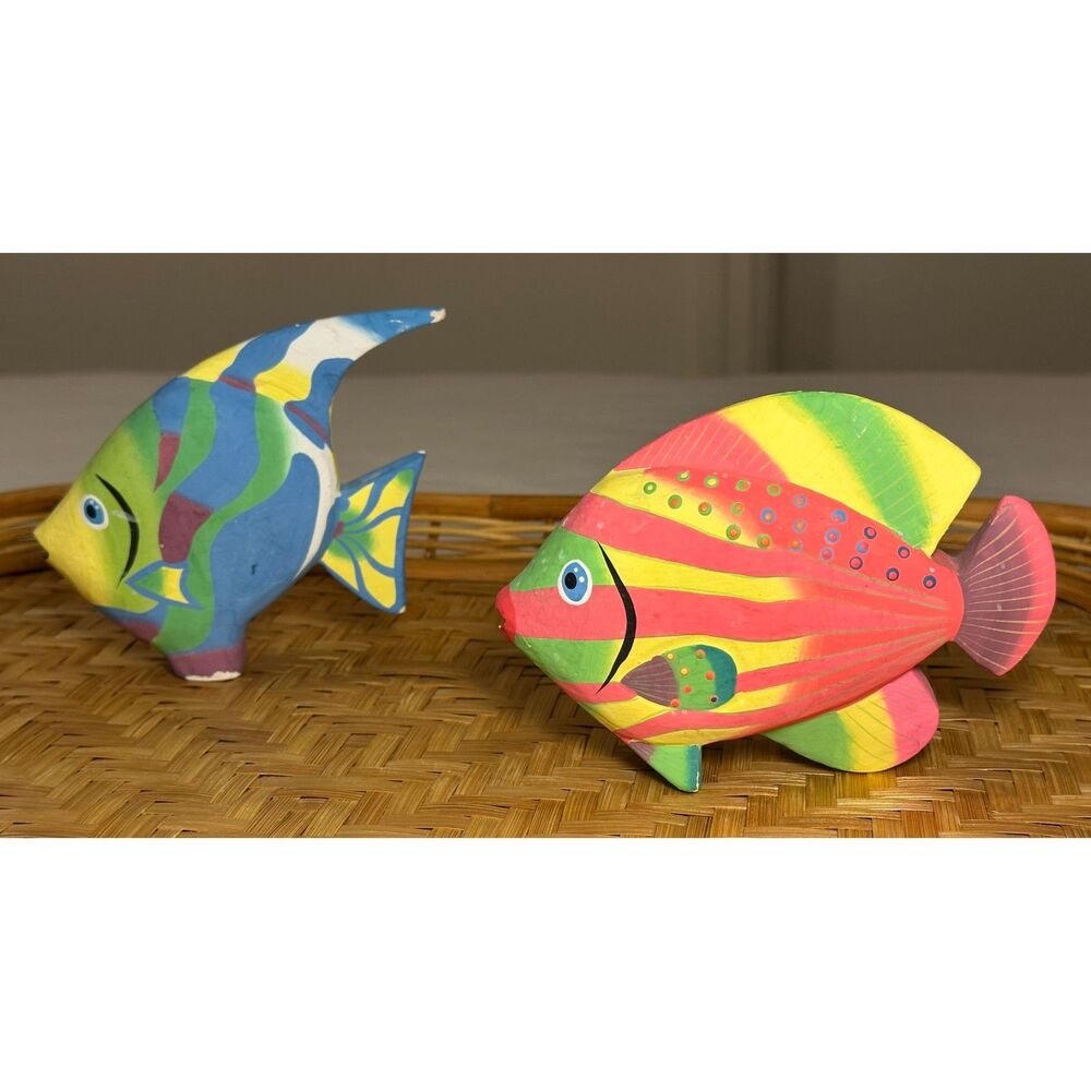2 Vintage Hand-Painted Whimsical Bright Tropical Paper Resin Fish Figurines